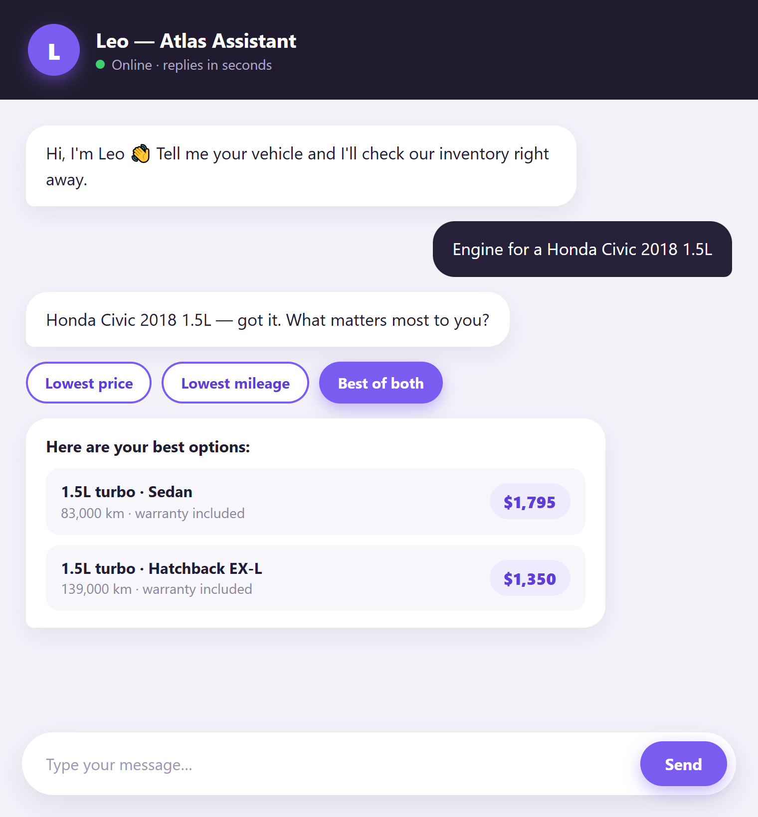 AI sales chatbot answering inventory questions with live options and prices