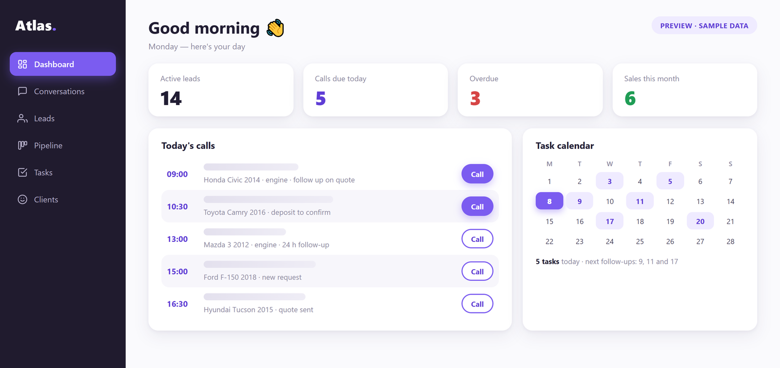 Custom CRM seller dashboard with daily call list and task calendar