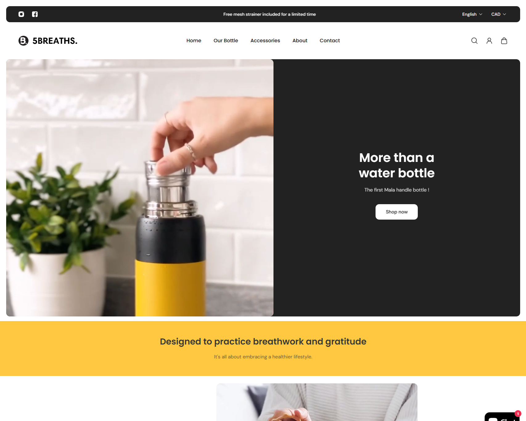 E-commerce website for 5Breaths, reusable water bottle brand