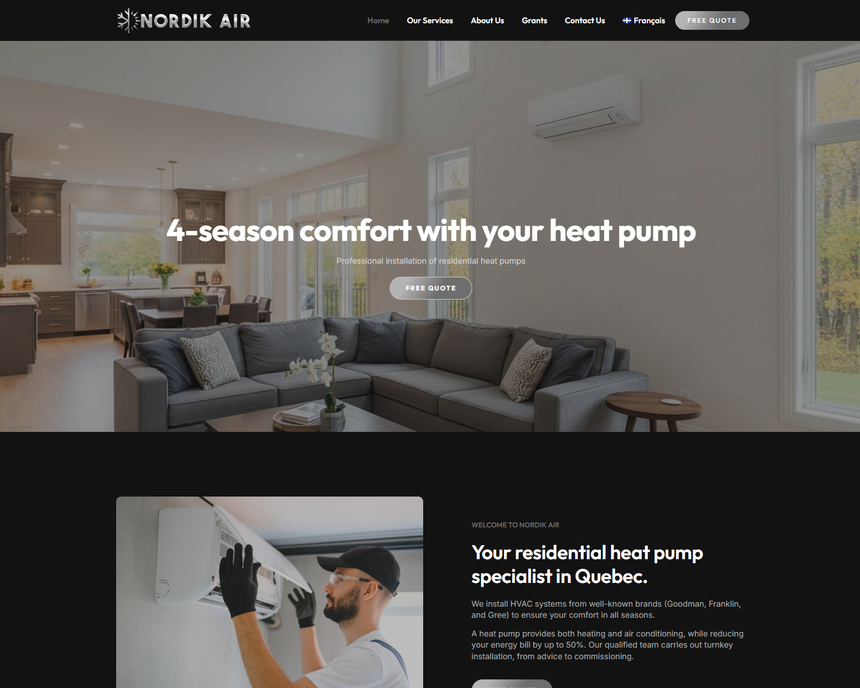 Website design for Nordik Air, HVAC company landing page